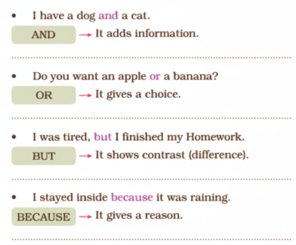 The words that join two or more words, phrases, or sentences together are known as Conjunctions. They help make sentences flow better and add meaning.