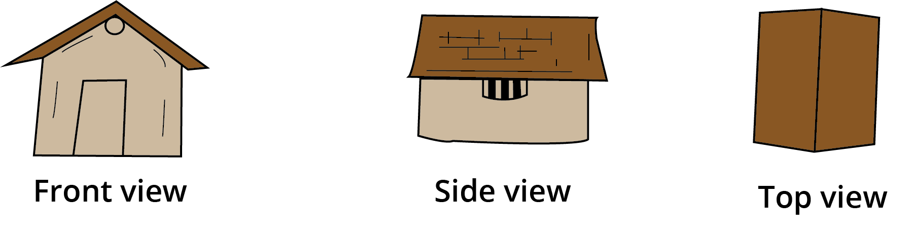 Front view, side view and top view of a hut