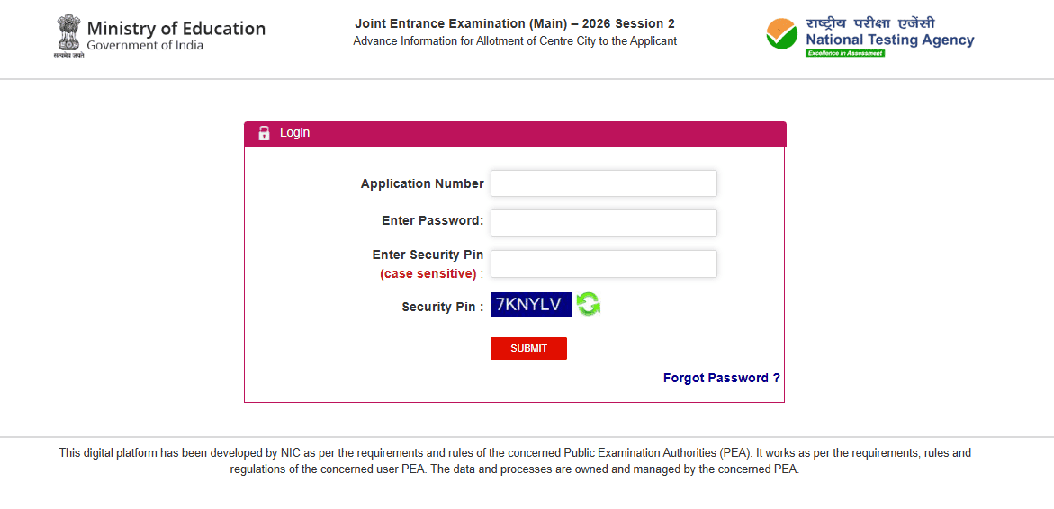 JEE Main 2026 Session 2 city intimation slip login page on jeemain nta nic in