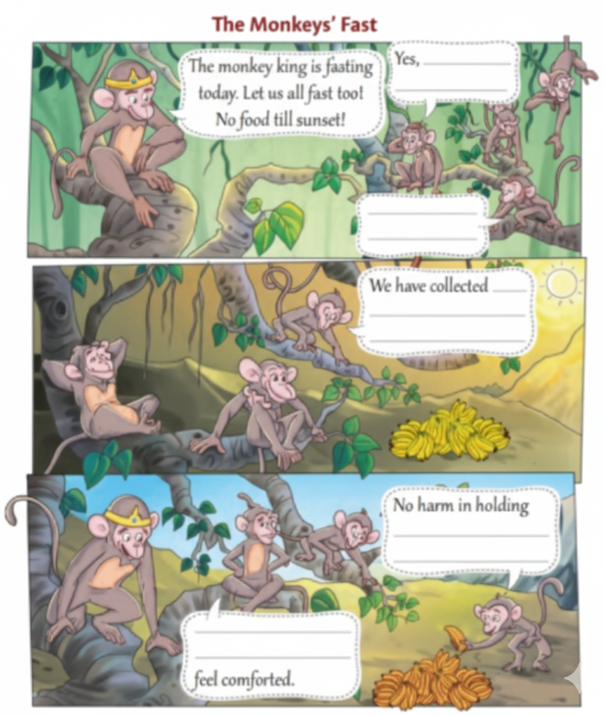 Complete the story by writing dialogues in the speech blurbs.