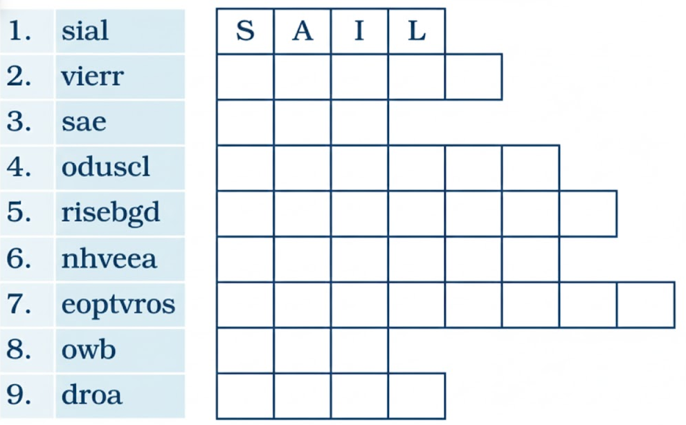 earrange the letters of each word to form a meaningful word from the poem