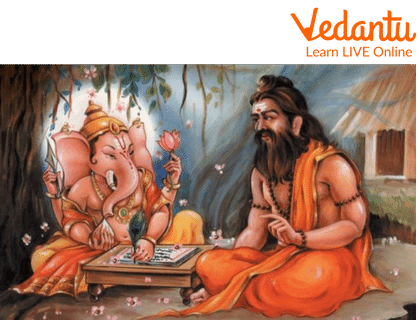 Sage Vyasa narrating the Mahabharata to Ganesha
