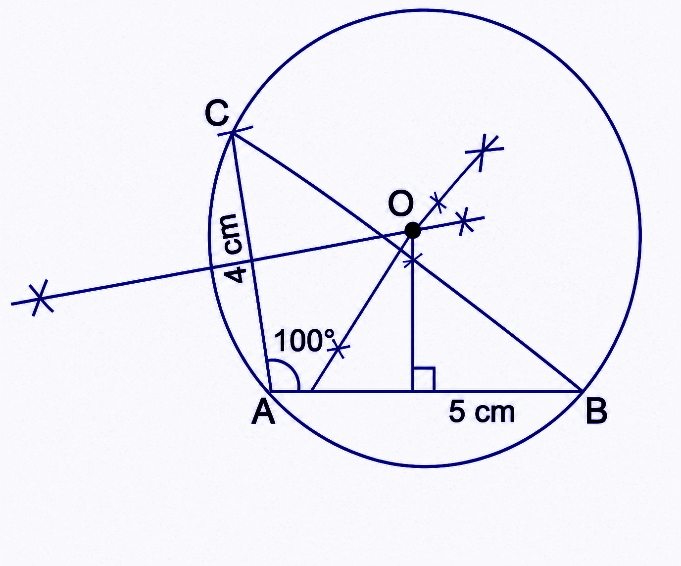raw ∆ABC with AB = 5 cm, ∠A = 100°, and AC = 4 cm. Draw the circumcircle of ∆ABC..png