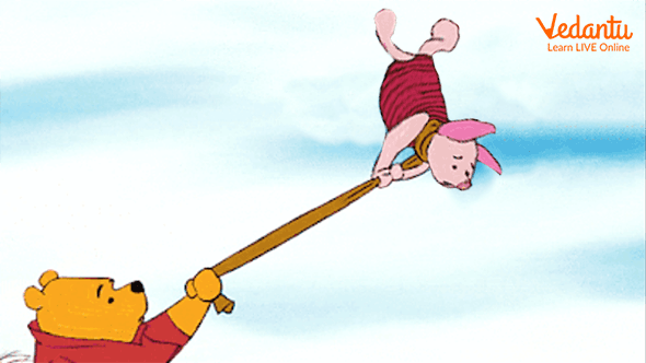 Pooh saving Piglet as flies in the wind