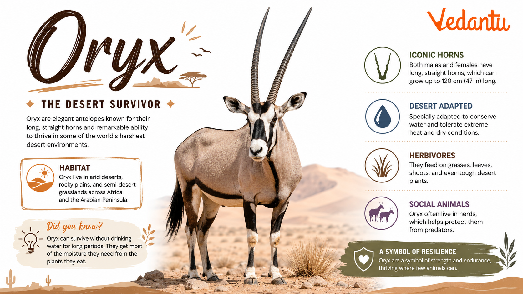 Oryx animal standing in desert habitat with long straight horns