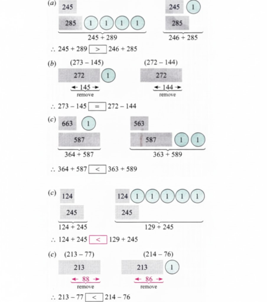 Use ‘>’ or ‘<’ or ‘=’ in each of the following expressions to compare them. Can you do it without complicated calculations? Explain your thinking in each case.