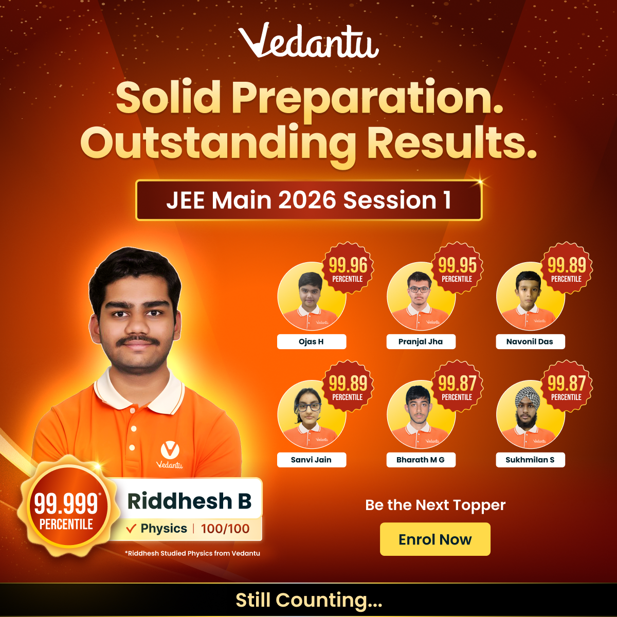 JEE Main 2026 Session 1 Results: Vedantu Top Percentile Students