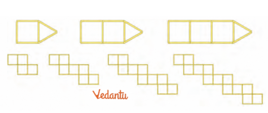 Two separate figures are given below. Each figure shows the first few positions in a sequence of stick arrangements. Identify the pattern and answer the following questions for each figure: