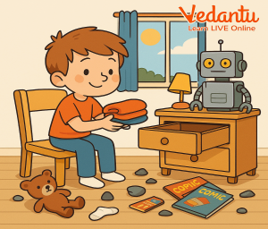 Leo scrambled to turn off the robot before it could grab Pip’s water bottle. He looked at the chaos. His room was messier than when he started. With a sigh, he realized some jobs couldn't be solved with a quick invention. He spent the rest of the afternoon sorting, folding, and tidying everything by hand. By dinnertime, the room was spotless. He kept the Tidy-Bot on his desk, not as a failure, but as a reminder that sometimes the best way to do a job is the simple way.”
