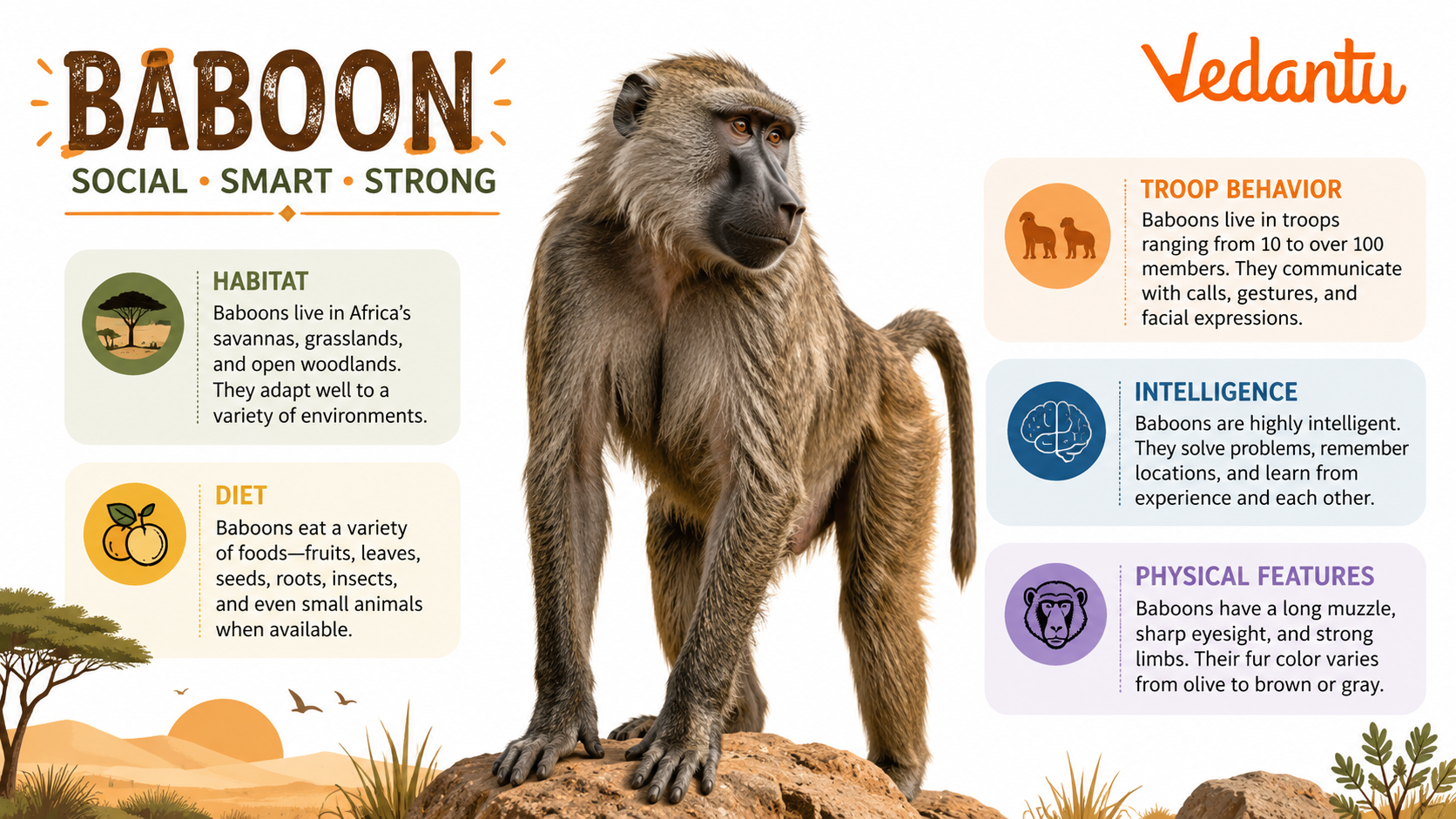 Baboon sitting on rock in natural habitat