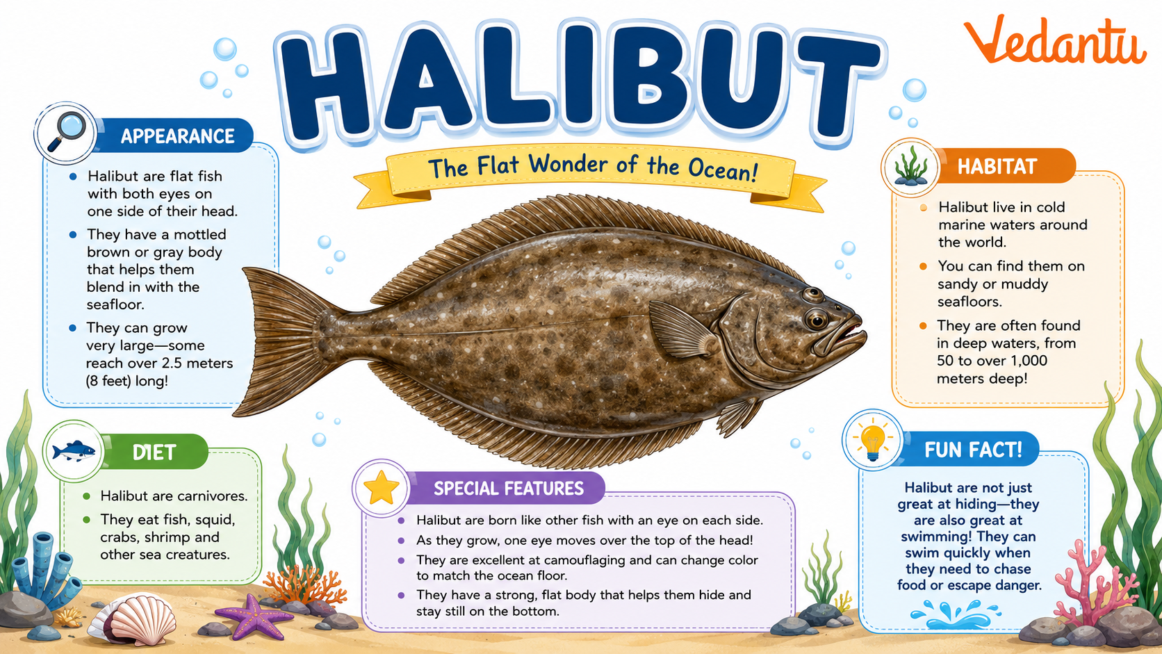 Halibut fish resting on the ocean floor