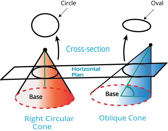section of a right circular cone by a plane neither parallel to any generator of the cone nor perpendicular or parallel to the axis of the cone is an ellipse or hyperbola