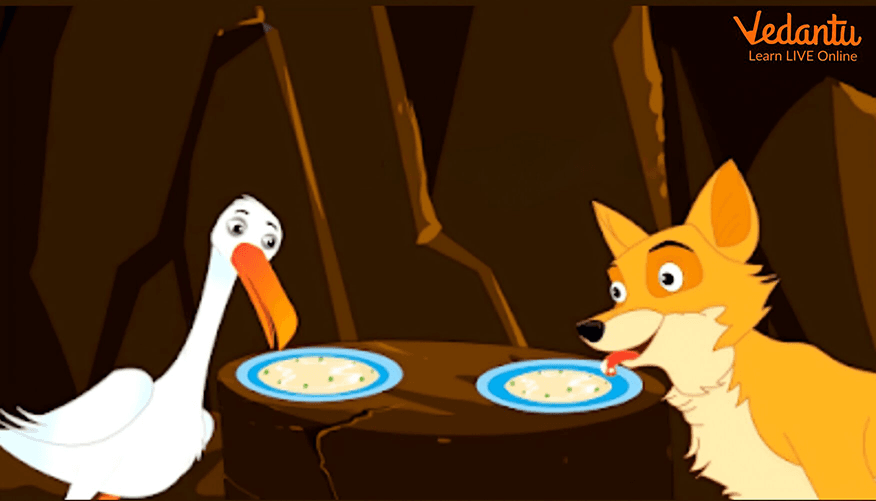 The Fox Serving Soup to the Stork in a Shallow Bowl