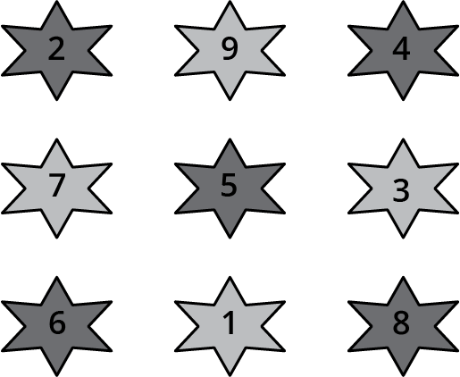 Filled stars such that he number on each line adds up to 15