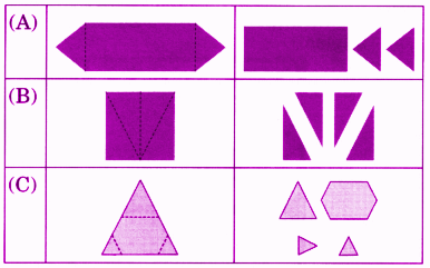 solution of Draw lines to show the cuts needed on the shapes in the left column to get the smaller shapes on the right.