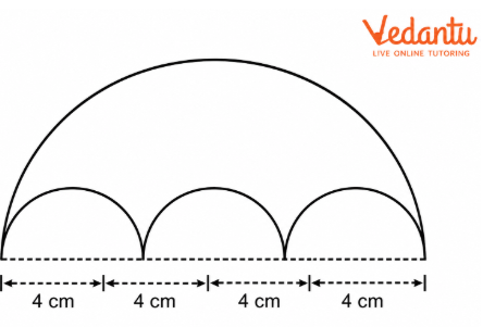 The boundary consists of one large semicircle with a diameter of 12 cm and three smaller semicircles, each with a diameter of 4 cm.