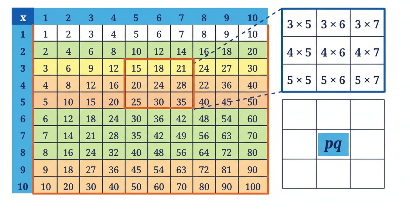 Observe the multiplication grid below. Each number inside the grid is formed by multiplying two numbers. If the middle number of a 3 × 3 frame is given by the expression pq, as shown in the figure, write the expressions for the other numbers in the grid