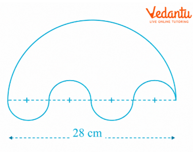 The boundary consists of one large semicircle with a diameter of 28 cm and four smaller semicircles, each with a diameter of 7 cm.