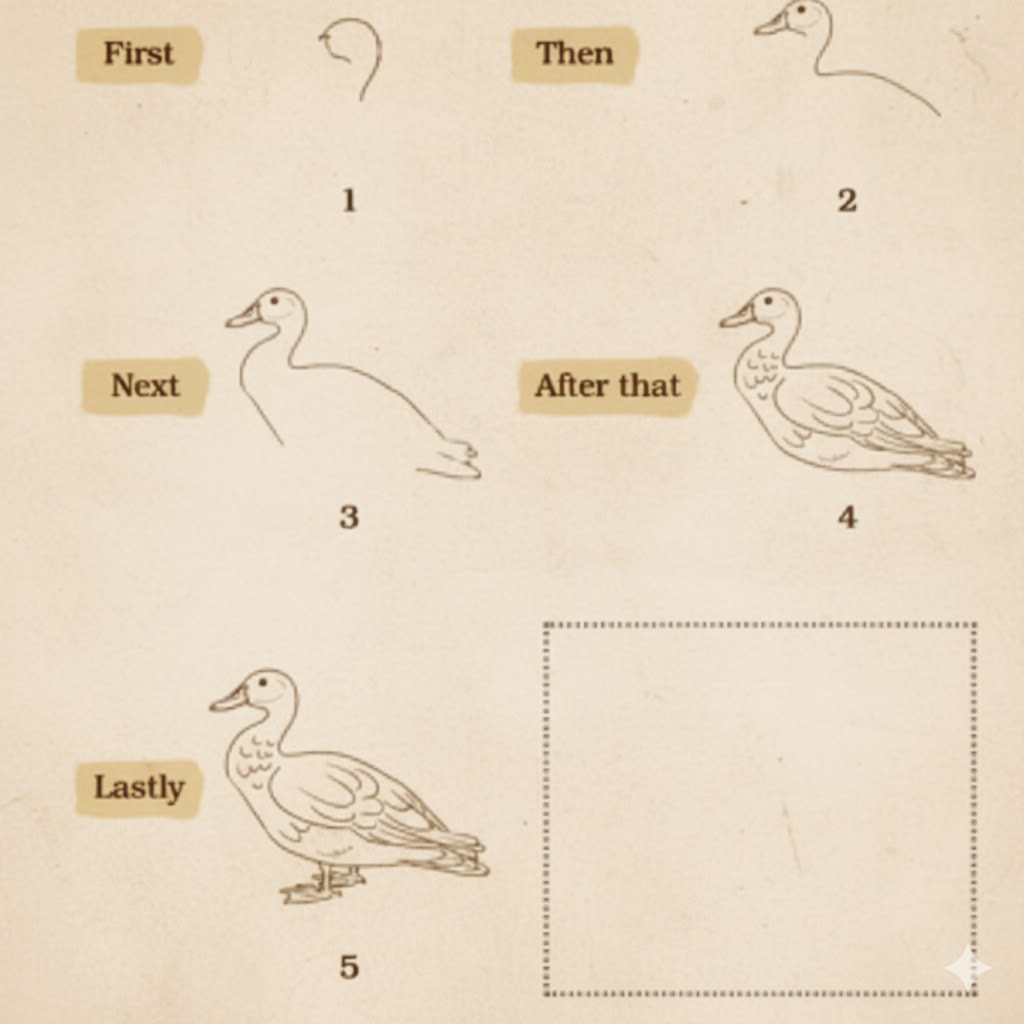 Look at the following steps carefully and draw a duck in the given space