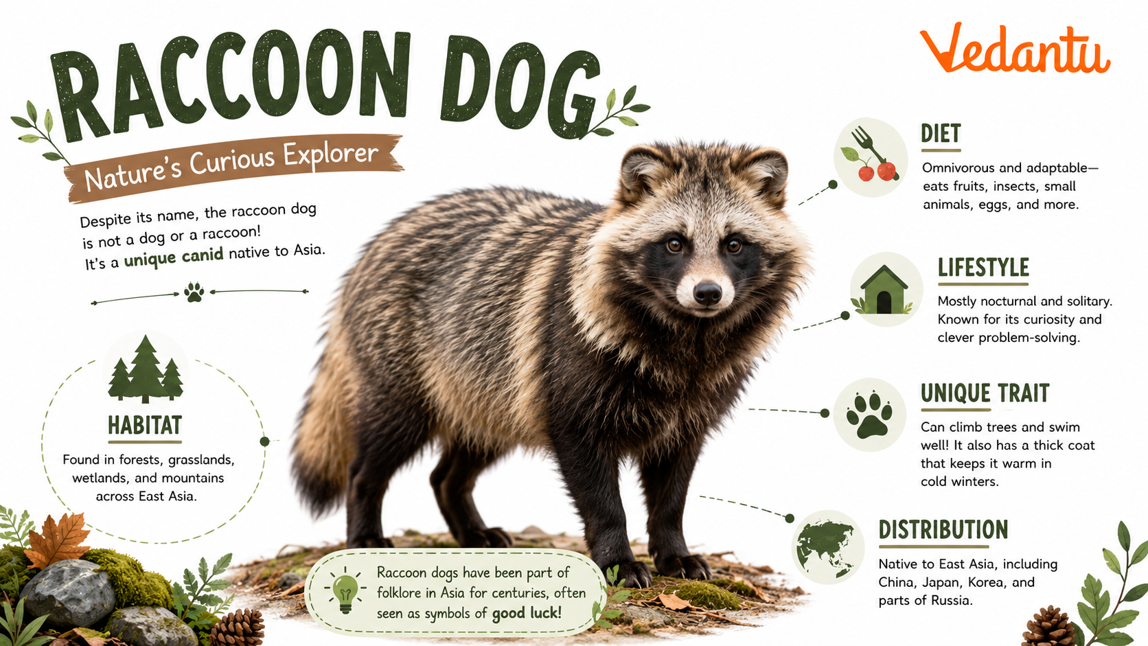 Raccoon Dog with masked face and thick fur standing in forest habitat
