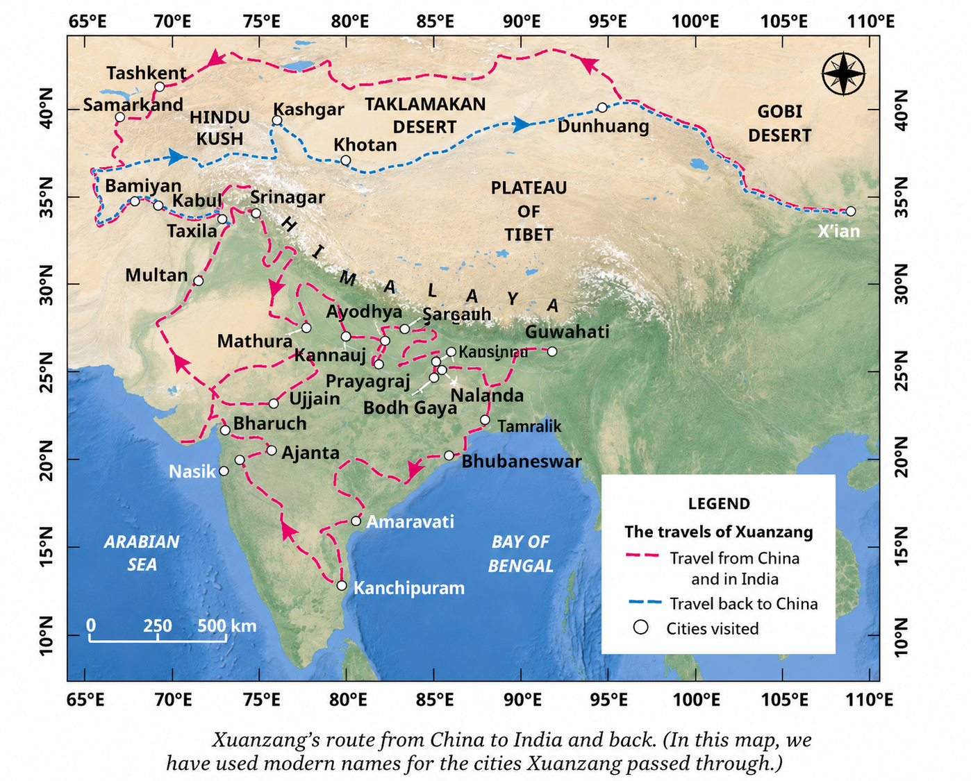 Looking at the map (below), can you identify a few mountain passes or desert areas that Xuanzang had to cross while travelling between China and India