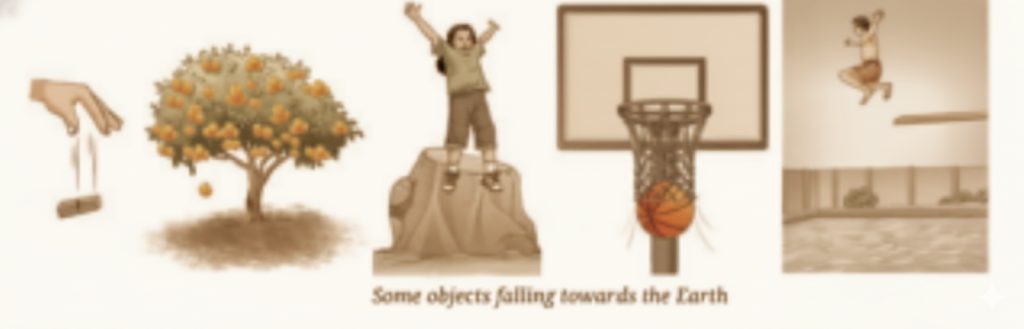 different situations around you where any object thrown up in any direction finally falls or comes back to the ground or floor