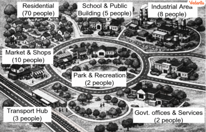 Suppose your town, village or city has 100 people. Draw a rough map of the place on a graph paper. Imagine each square on the paper represents a specific area of the place, like residential neighbourhoods, parks, schools, factories, post offices and so on. Now, distribute the 100 people throughout the area