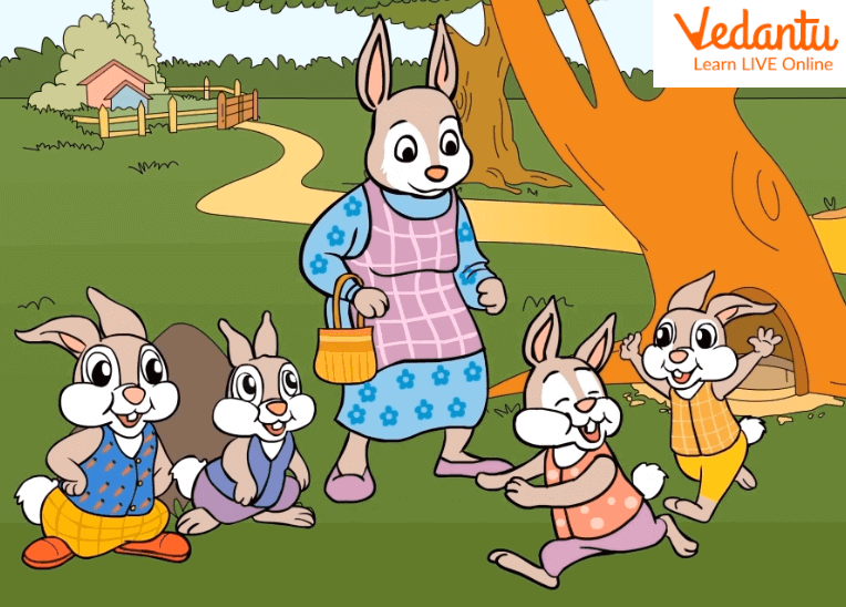 Peter Rabbit with Mom, Flopsy, Mopsy, and Cotton-tail