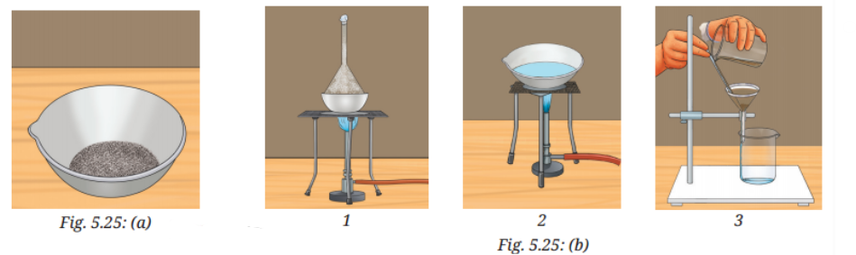 The Fig. 5.25b depicts various steps used to separate the components of this mixture. Identify and write down the correct sequence of separation techniques..png