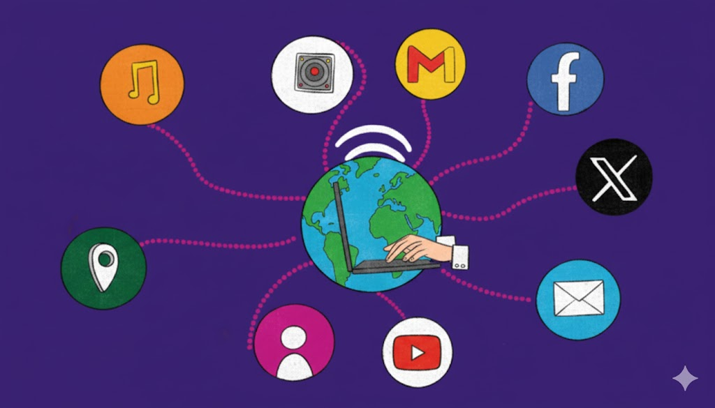 Complete the social media web given below with the uses of the internet.