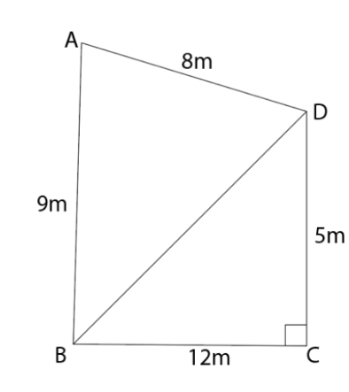 A quadrilateral ABCD with AB = 9m, BC =12m, CD = 5m and DA =8m