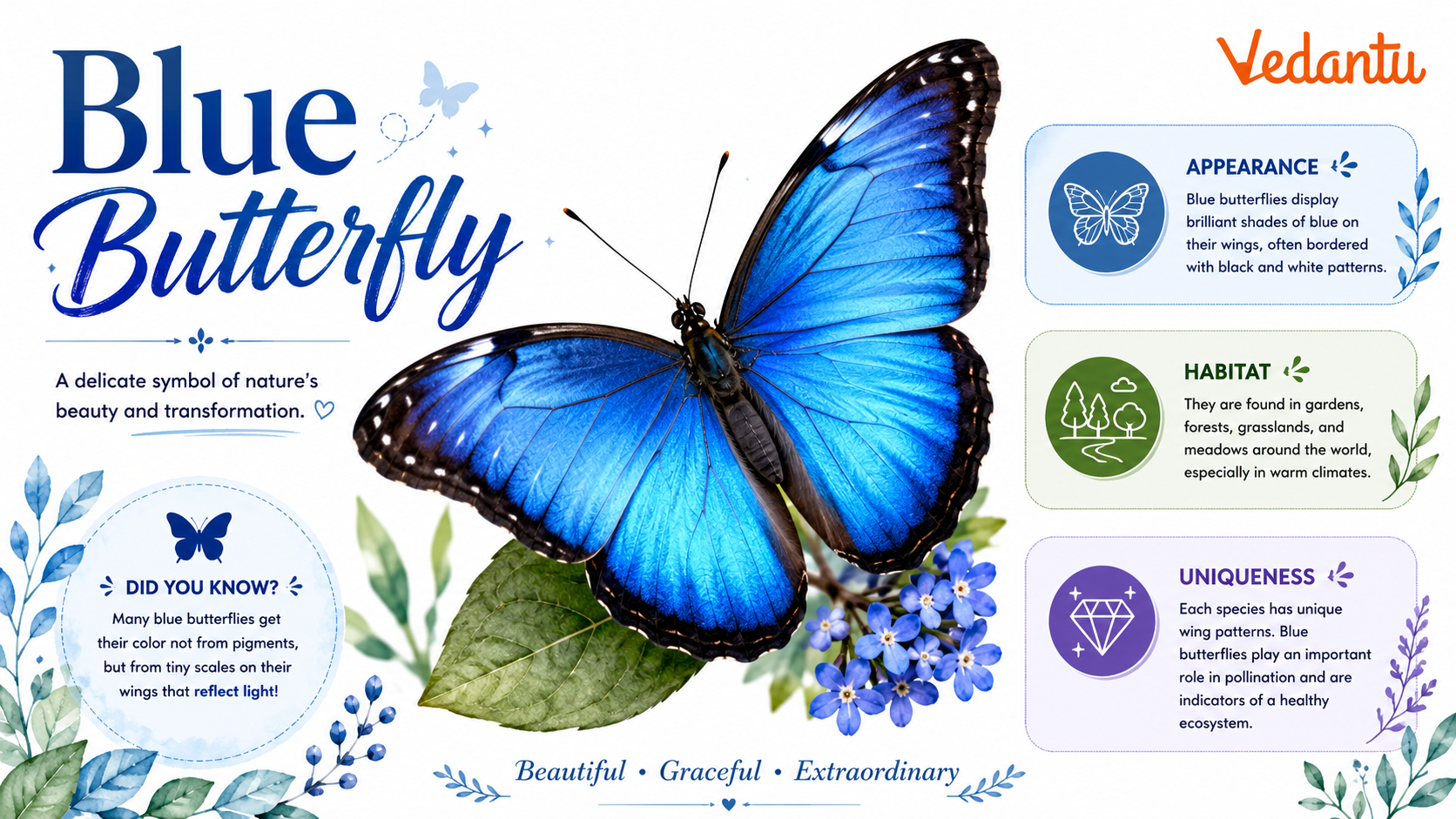 Blue Butterfly with bright blue wings resting on a leaf