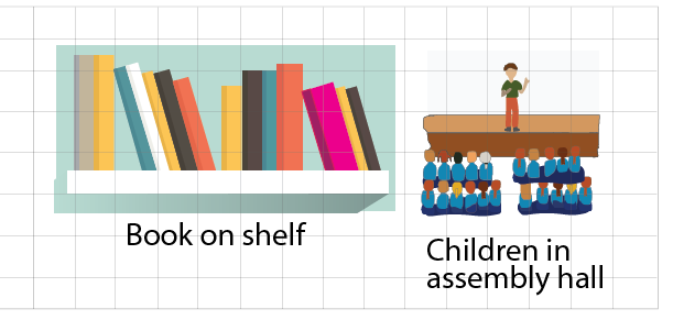 Arrangement of children in the assembly hall, arrangement of books on the shelf