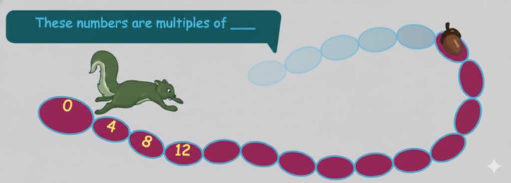 The squirrel jumps 4 steps at a time. Which numbers will the squirrel touch.