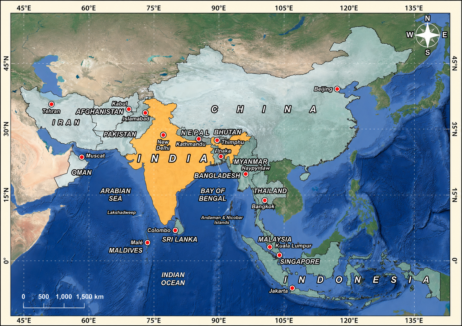 the three large water bodies that surround India in the map