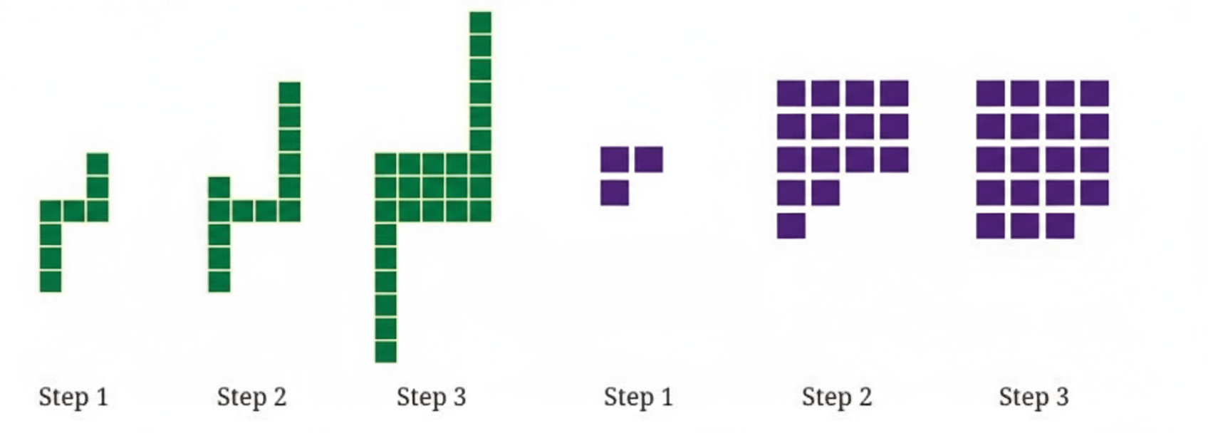 (i) Draw the next figure in the sequence.  (ii) How many basic units are there in Step 10?  (iii) Write an expression to describe the number of basic units in Step y.
