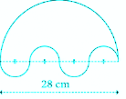 The boundary consists of one large semicircle with diameter 28 cm and four smaller semicircles, each with diameter 7 cm..png