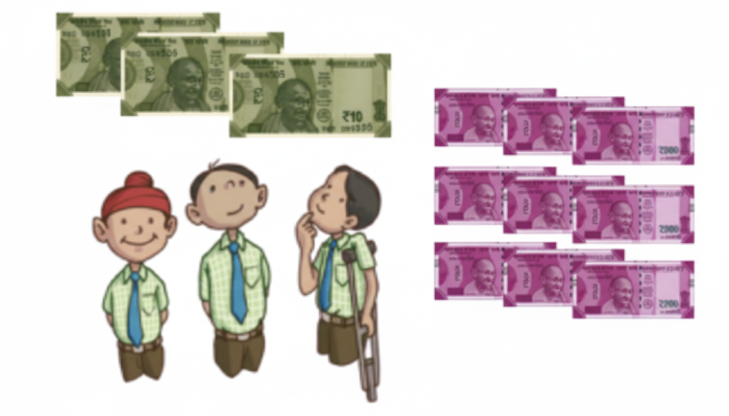 Draw arrows linking the money and the children to answer the questions.