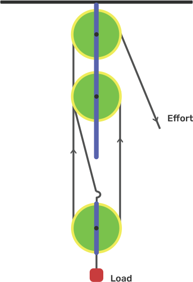 Draw a diagram of a block and tackle system of pulleys having a