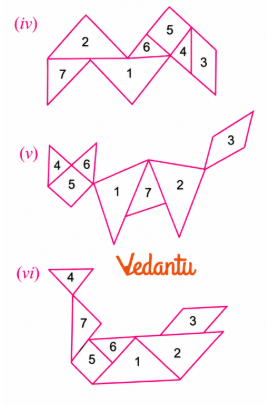 Rearrange the seven tans in different positions and orientations to form each of the required figures. The pieces should fit together without overlapping or leaving unwanted gaps.