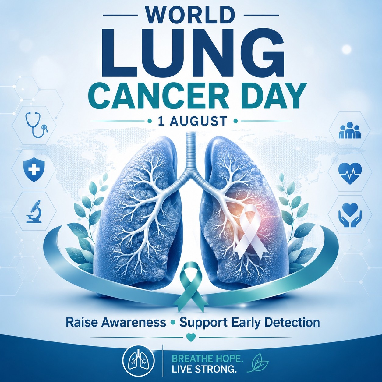 World Lung Cancer Day awareness illustration with lungs and health message