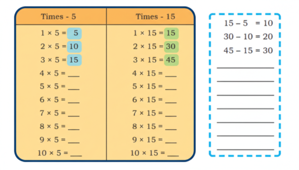 Compare the times-15 table with the times-5 table. What similarities and differences do you notice It is time-10 table.