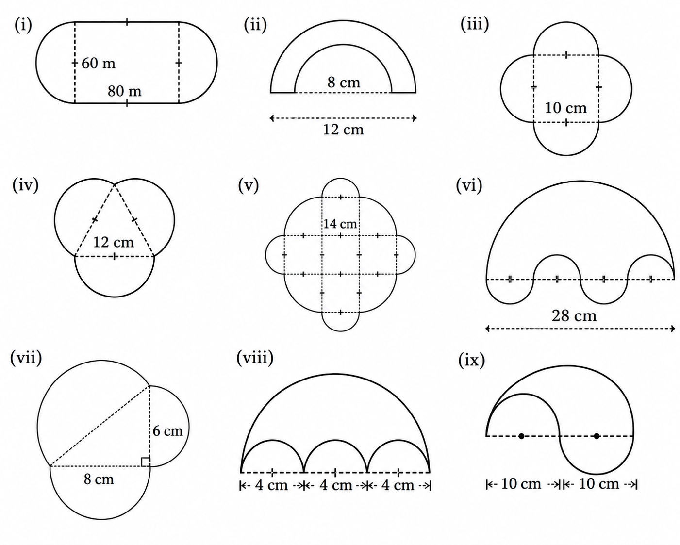 Find the perimeters of the following shapes (taking the arcs to be quarter or half or three-quarters of.png