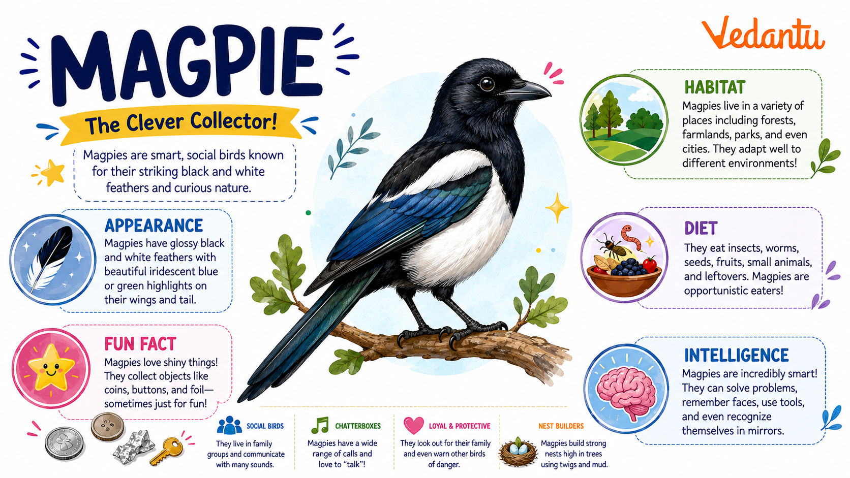 Magpie bird perched on a branch showing its black and white feathers and long tail