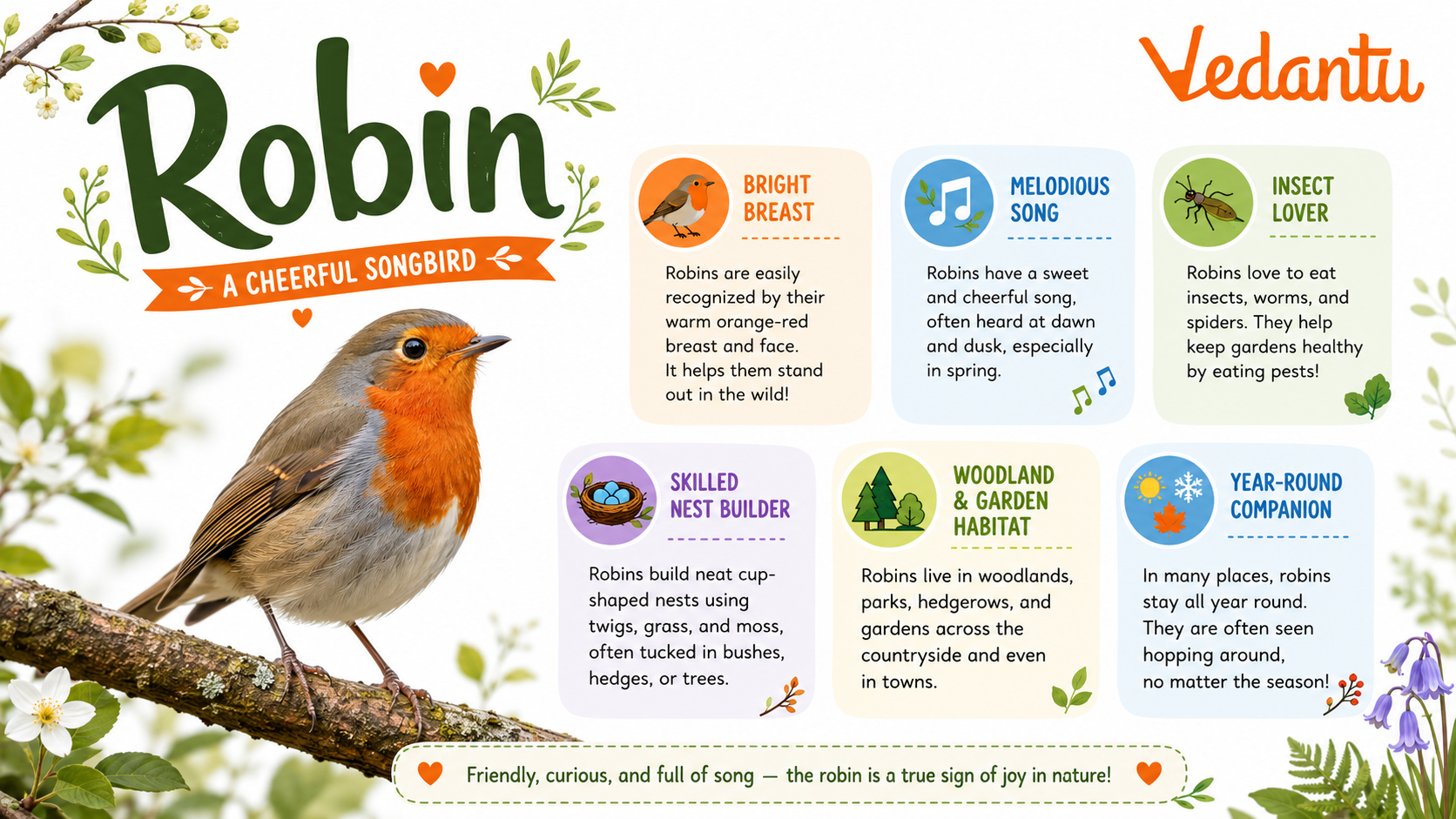 Robin bird with red chest perched on a branch