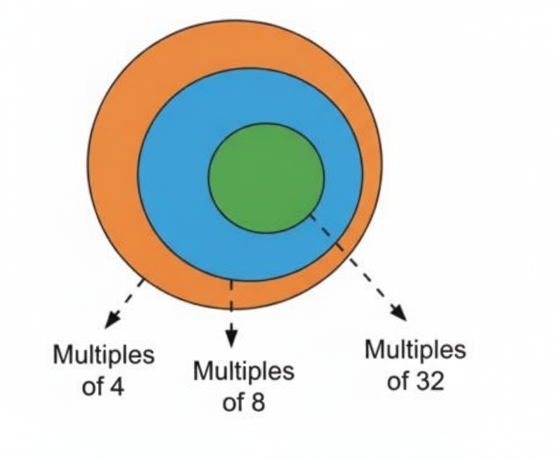 The relationship between these sets of multiples can be clearly represented using a Venn diagram, where the multiples of 32 fall entirely within the set of multiples of 8, and the multiples of 8 fall entirely within the set of multiples of 4.