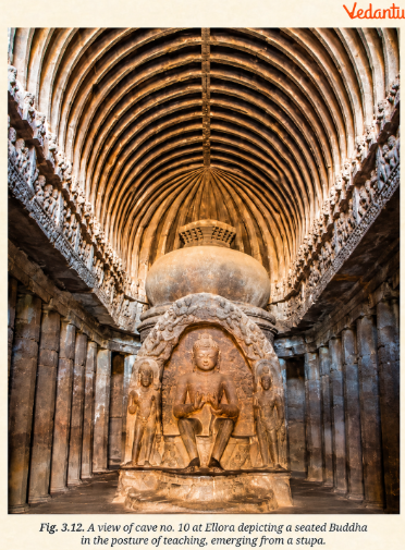 Fig 3.12 A view of cave no. 10 at Ellora depicting a seated Buddha in the posture of teaching, emerging from stupa