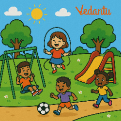 The happy children play in the park