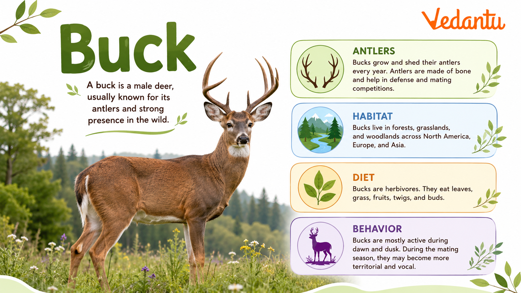 Buck male deer with large antlers standing in natural habitat