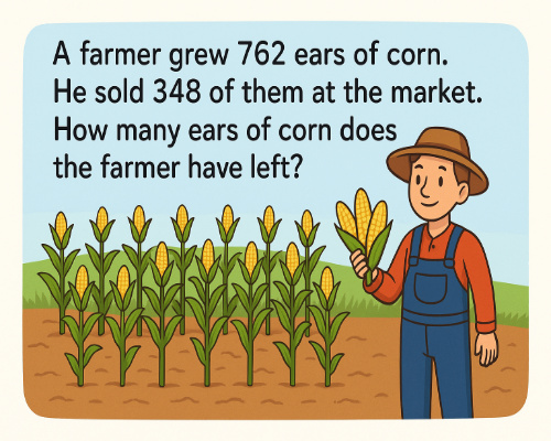 A Farmer grew 762 ears of corn. He sold 348 of them at the market. How many ears of corn does the farmer have left?